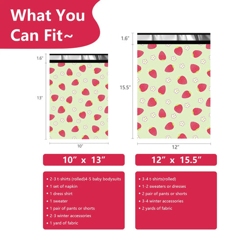 Image showing fitting guide for Strawberry Print 12x15.5 Inch Poly Mailers Pack Of 50 Self Sealing Waterproof And Tear Resistant Shipping Bags For Small Business Easy Zip Closure Lightweight Durable Packaging For Ecommerce Shipments.