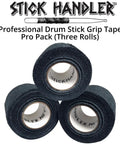 Ultra Smooth Anti Slip Drumstick Grip Tape Three Pack Black Cotton Gauze Roll, featuring three rolls for snare and kick drumsticks.