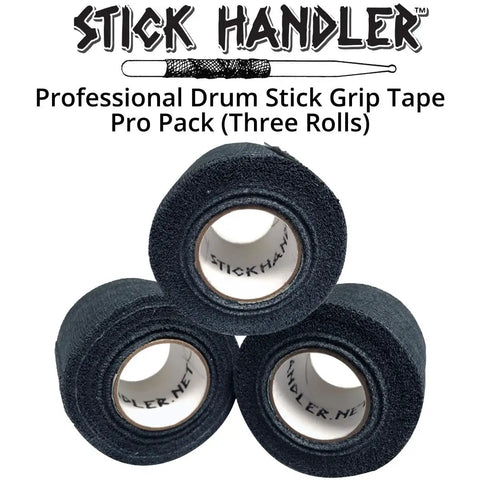 Ultra Smooth Anti Slip Drumstick Grip Tape Three Pack Black Cotton Gauze Roll, featuring three rolls for snare and kick drumsticks.
