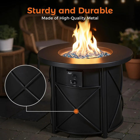 2-In-1 50,000 BTU Propane Fire Pit Table, 30 Inch Round Outdoor Fire Pit with flame detail in backyard with metal construction