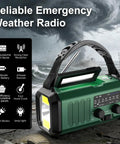 Hand Crank Emergency Radio With NOAA Weather Radio AM FM, 10000mAh Battery, USB C Fast Charge, rugged design in stormy background