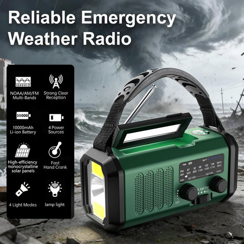 Hand Crank Emergency Radio With NOAA Weather Radio AM FM, 10000mAh Battery, USB C Fast Charge, rugged design in stormy background