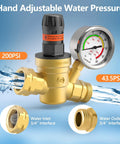 Amazon RV water pressure regulator with brass lead-free body, gauge, and hand-adjust knob; 3/4 in NH thread