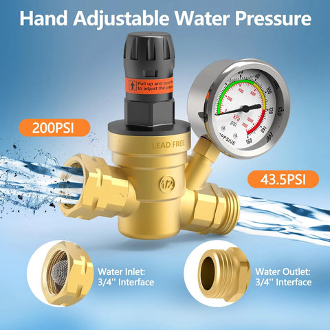 Amazon RV water pressure regulator with brass lead-free body, gauge, and hand-adjust knob; 3/4 in NH thread