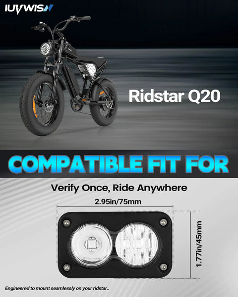 Ridstar Q20 e-bike with Headlight Kit 20W 6000K to 6500K Led Light Bar for dual beam front lighting, compatible fit showcased.