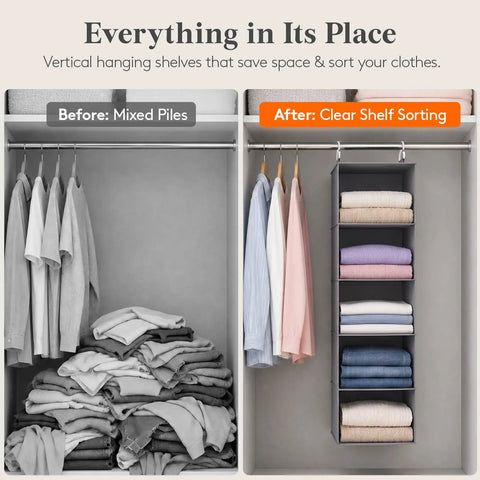 Five Tier Hanging Closet Organizer With Multi Compartment Wardrobe Storage Bin For Sweaters Pants And Towels Slick Heavy Duty Fabric Design Keeps Things Neat And Makes Sorting A Total Breeze