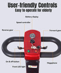 Front view of Movcan X-02 red mobility scooter control panel with black U-shaped handlebars and ignition key.