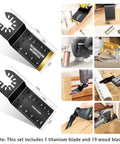 Hiinny 20-piece oscillating tool blades kit with 1 titanium blade and 19 wood blades, front view collage