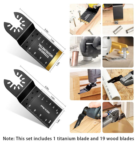 Hiinny 20-piece oscillating tool blades kit with 1 titanium blade and 19 wood blades, front view collage