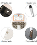 Kickass Chicago Screw Rivet Kit Seventy Five Sets For Leather Crafting And Bookbinding Heavy Duty Silver Metal Binders detail view of tools and rivets.