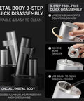 Single Dose Burr Coffee Grinder With 46Mm Conical Steel Burrs And 45 Micro Grind Steps For Smooth Espresso Shots Or Clean Pour Over showing metal body and 3-step disassembly for easy cleaning.