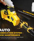 Cordless Mini Chainsaw Compatible With 20V Max Batteries, yellow handheld pruner with auto oiler shown lubricating chain