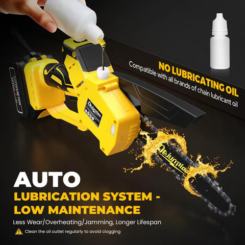 Cordless Mini Chainsaw Compatible With 20V Max Batteries, yellow handheld pruner with auto oiler shown lubricating chain