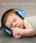 Sleeping baby wearing blue ear protection headphones with noise canceling earmuffs for infants ages 3 months to 3 years.