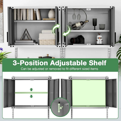 Heavy Duty Metal Wall Mounted Tool Cabinet With Lockable Doors And 3 Adjustable Shelves Hanging Storage Chest open to display items.