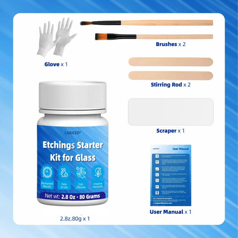 2.8oz Glass Etching Kit With High Adhesion Stencils Easy To Use Do It Yourself Matte Glass Designs For Wine Glasses Mugs Jars And Mirrors Durable Long Lasting Results No Experience Needed, showing etching cream, gloves, brushes, stirring rods, scraper, and manual.