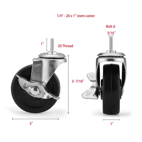 Heavy Duty 3 Inch Stem Caster Wheels For Wire Shelving, Industrial Rack Rollers With 1/4 20 Thread And Multi Adapters, detailed view of caster dimensions.