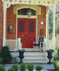 Front view of red door with Lancaster Stained Glass Window Privacy Film With Static Cling Two Way Day And Night UV Blocking 95 Percent Removable Decorative Vinyl Covering For Home Doors And Bathrooms 26.5 X 59 Inches.