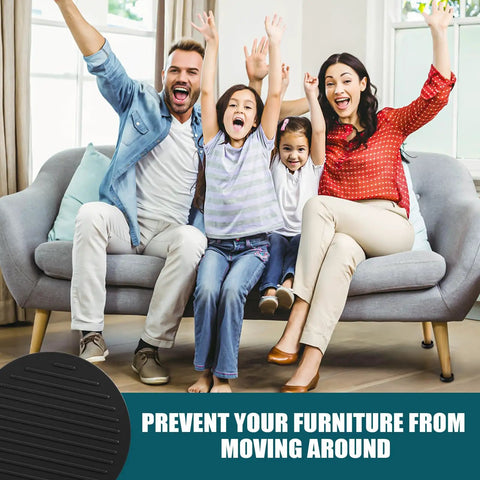 Family sitting on a couch above a graphic of Two By Two Rubber Caster Cups Set Of Four Non Slip Round Furniture Pads.