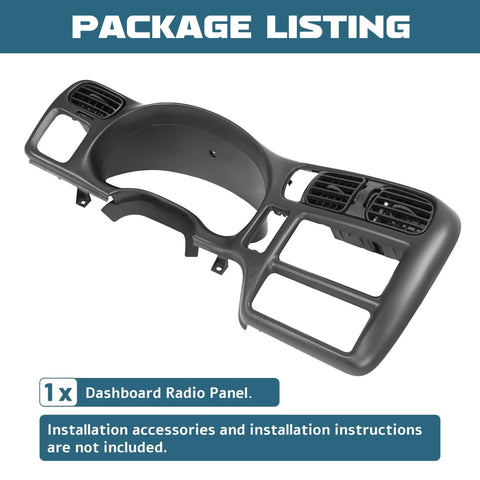 Gray dash radio bezel front view for 1998–2004 Chevy S10, Blazer and GMC Jimmy; single-DIN panel with vent openings.