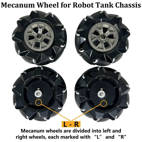 80mm Mecanum Wheel Omni Wheel Kit 4 Pack With 5mm Couplings And Motor Connectors for robot tank chassis marked L and R
