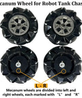 4 Pack 80mm Mecanum Wheels With 6mm Metal Couplings For DIY AGV Robotic Car Chassis Omni Directional Drive Kit Dope For Arduino Uno R3 And Raspberry Pi Projects visible with left and right orientation markings