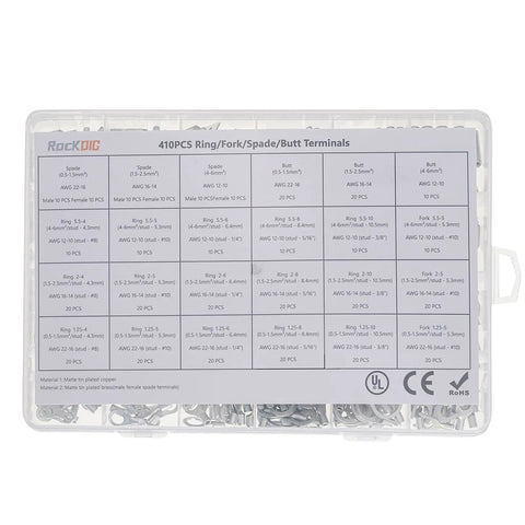 Labeled storage box of All In One Auto Wiring Kit 410 Pieces Tin Plated Copper Non Insulated Butt Spade Ring Lug Crimp Connectors