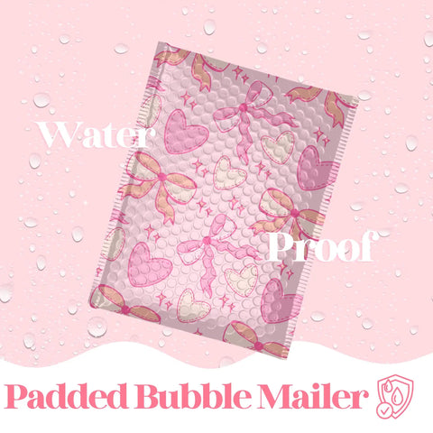 Pro Grade Designer Pink Bubble Mailers 6x9 Pack Of 50 Heavy Duty Waterproof Self Seal Shipping Bags For Small Biz, heart-print design