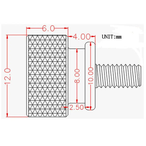 Diagram of Orange Aluminum Alloy M3.5x12mm Fully Threaded Knurled Thumb Screw, showing dimensions and knurled grip detail.