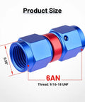 Swivel 6AN Female To 6AN Female Fitting Adapter Aluminum Red And Blue For High Pressure Hydraulic And Fuel Lines With 9/16-18 UNF Threads 1500 PSI Rating Operating From -40 To 250 Degrees F, product size view