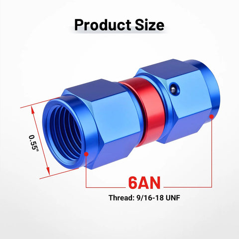 Swivel 6AN Female To 6AN Female Fitting Adapter Aluminum Red And Blue For High Pressure Hydraulic And Fuel Lines With 9/16-18 UNF Threads 1500 PSI Rating Operating From -40 To 250 Degrees F, product size view