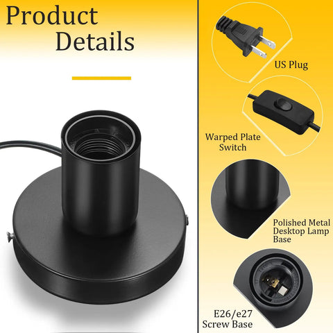 Beefed Up Metal Lamp Socket Base E26 E27 Screw In Bulb Holder With 6 Foot Black Cord On Off Switch 3 Pack, polished finish details