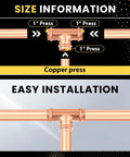 Rock Solid 100 Pack Copper Press Equal Tee Fittings For 1 Inch Plumbing Tubing with size and installation details shown