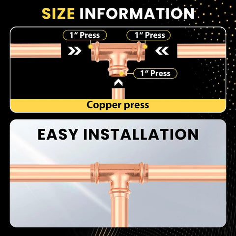 Rock Solid 100 Pack Copper Press Equal Tee Fittings For 1 Inch Plumbing Tubing with size and installation details shown