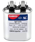 5uF Oval Run Start AC Capacitor CBB65A 370V 450V with metal housing for air conditioners, showing voltage and frequency details