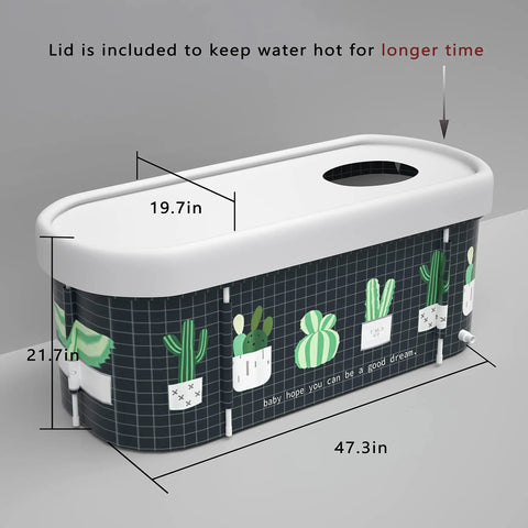 Portable Foldable Bathtub For Adults With Large Capacity, Easy To Move And Store, cactus style, side view with dimensions.