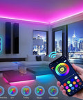 Smartphone controlling 100Ft RGB LED Strip Lights Kit With 2 Rolls Of 50Ft, illuminating a modern living room in various colors.