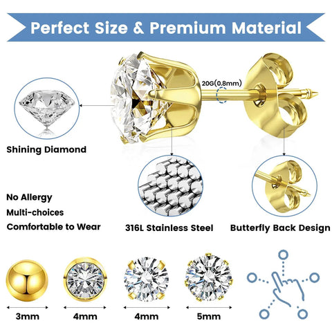 All In One Ear Piercing Kit With Disposable Piercing Guns And Cubic Zirconia Stud Earrings Eight Guns Three Styles Of CZ Earrings And 3mm Ball Ear Studs Cleaning Wipes For Safe At Home Piercing Gold, 20G 316L stainless steel, 4mm and 5mm CZ