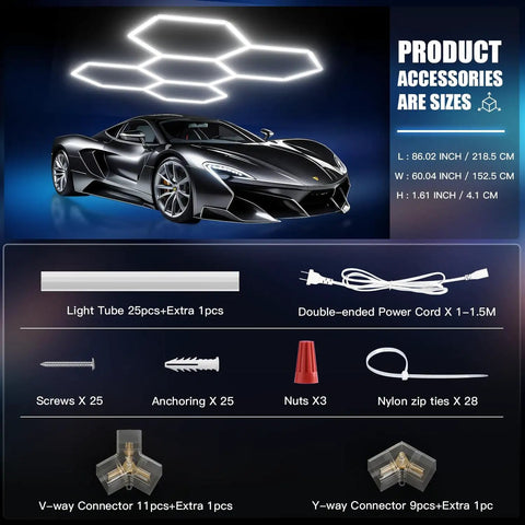 Hexagon LED Garage Lights 200W 20000LM 5 Grids 25 Pack Ceiling Shop Light 6500K Ultra Bright accessories and dimensions