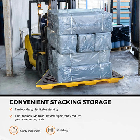 2-Barrel Modular Leach Control Platform Spill Containment With Grating And Forklift Pockets, 48 By 24 By 4 Inches, loaded on forklift