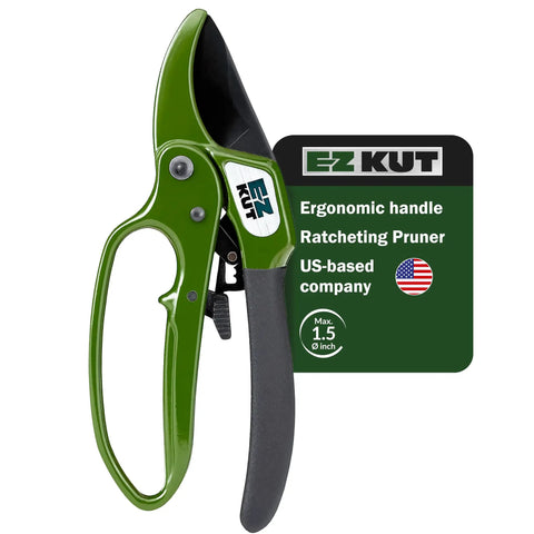 Heavy Duty Ratcheting Pruning Shears For Effortless Garden Cuts Up To 1.5 Inches with green handle and SK5 steel blades