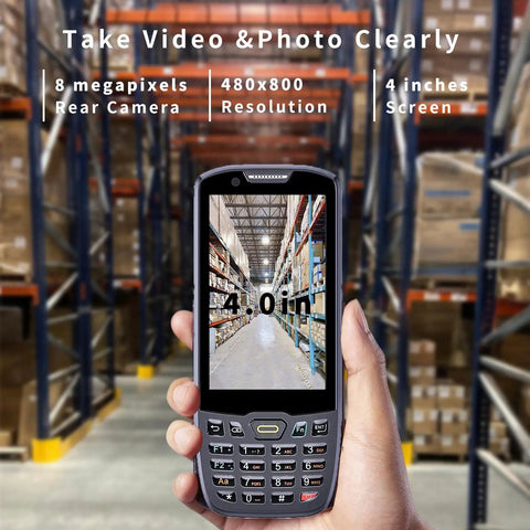 Person holding Android 13.0 2D Barcode Scanner PDA Handheld POS Terminal with 4-inch screen in warehouse