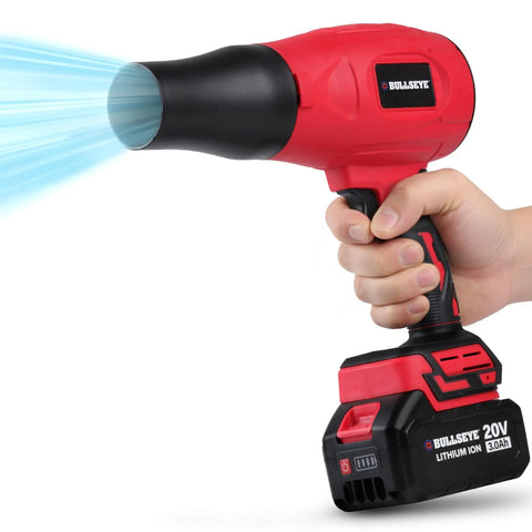 Red handheld Powerful Cordless Leaf Blower Turbo Jet with dual 20V batteries and 350W power, held in hand, emitting airflow