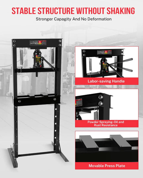 Heavy Hitter 20 Ton Hydraulic Shop Press With Stamping Plates Durable Carbon Steel H Frame, stable structure and movable press plate.