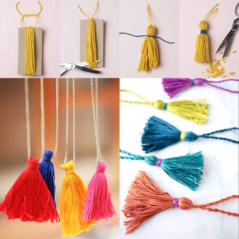 Step-by-step tassel-making with the Rainbow Embroidery Floss Set With 50 Skeins In Bright Colors 12 Floss Bobbins And 1 Needle Threading Tool Each Skein About 8.75 Yards Long With 6 Strands Polyester Colorfast For Cross Stitch Friendship Bracelets And All Your DIY Craft Projects.