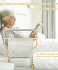 Heavy Duty Bed Rail For Seniors With Non Slip Ergonomic Handle And Handy Storage Pocket next to elderly woman reading in bed.