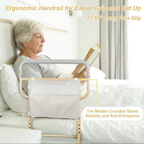 Heavy Duty Bed Rail For Seniors With Non Slip Ergonomic Handle And Handy Storage Pocket next to elderly woman reading in bed.