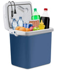 Portable Electric Cooler And Warmer With Rugged Carry Handle, Thermoelectric Camp Fridge filled with drinks and snacks.