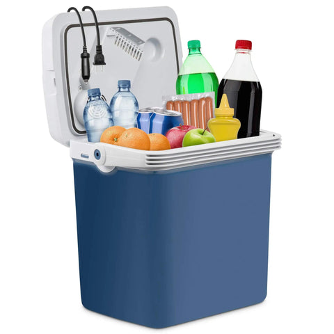 Portable Electric Cooler And Warmer With Rugged Carry Handle, Thermoelectric Camp Fridge filled with drinks and snacks.