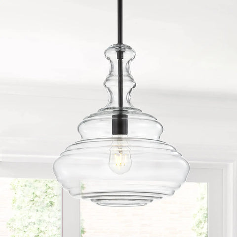 Oil Rubbed Bronze Modern LED Pendant Light With Clear Glass Shade Adjustable Hanging Ceiling Fixture For Kitchen Island Hallways Dining Room Bistro Style Lighting Energy Saving Bulbs Included, displayed in a modern interior